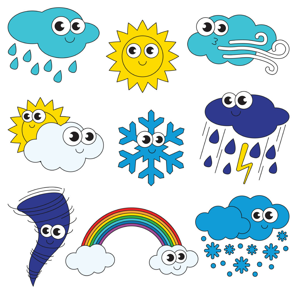 Cartoon illustrations of weather elements including clouds, snowflake, rainbow, tornado.